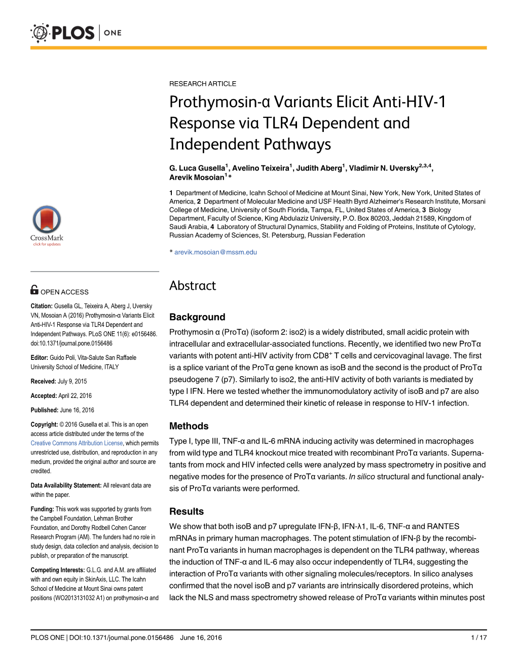 Prothymosin-Α Variants Elicit Anti-HIV-1 Response Via TLR4 Dependent and Independent Pathways