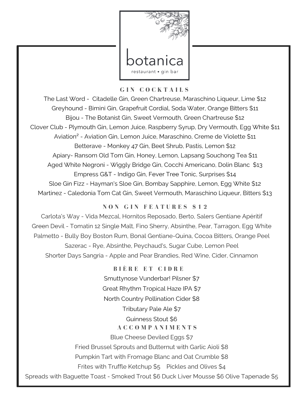 Botanica Current Cocktails and Wine 10/16/19