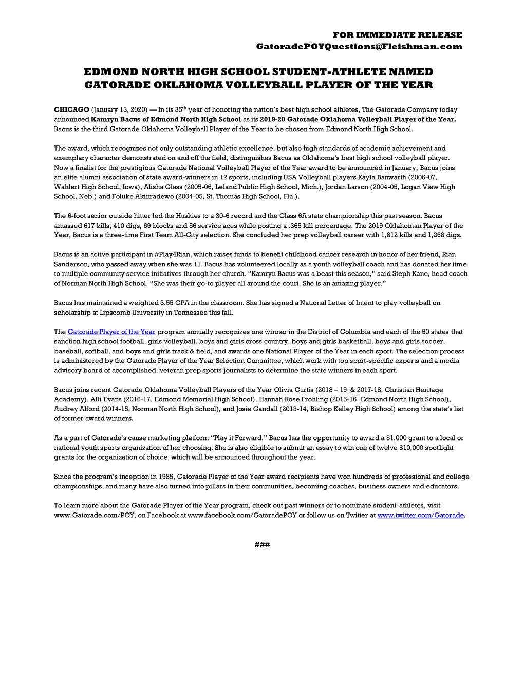 Edmond North High School Student-Athlete Named Gatorade Oklahoma Volleyball Player of the Year