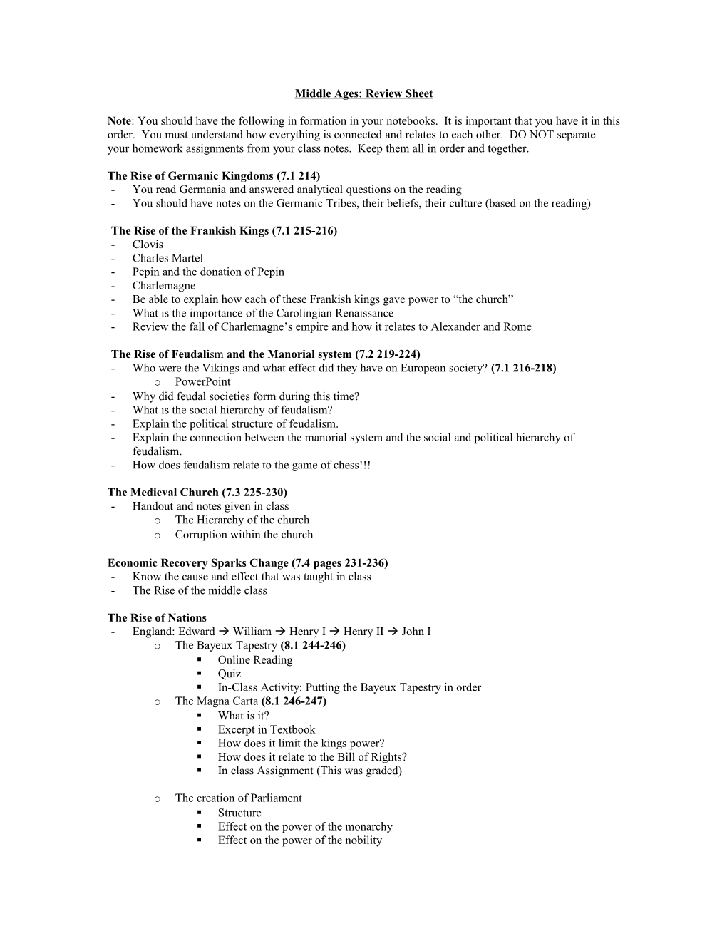 Middle Ages: Review Sheet