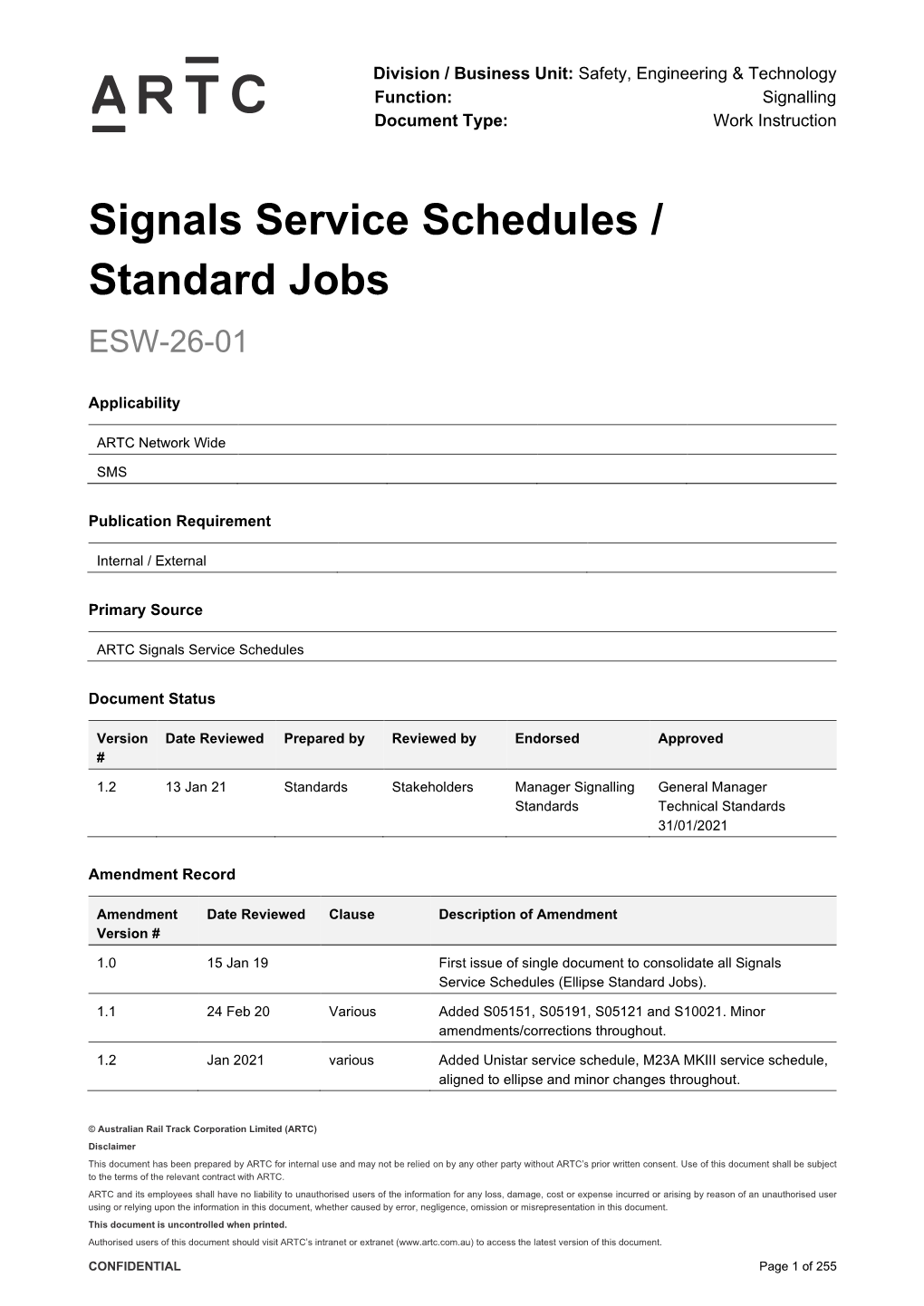 Signals Service Schedules / Standard Jobs ESW-26-01