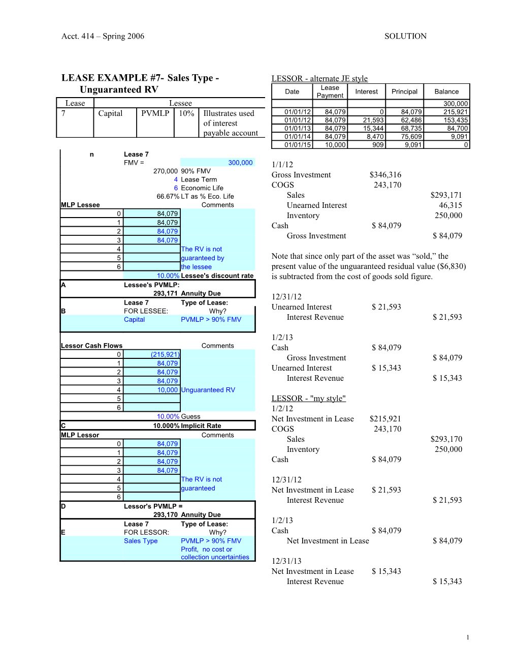 LEASE EXAMPLE #7- Sales Type - Unguaranteed RV