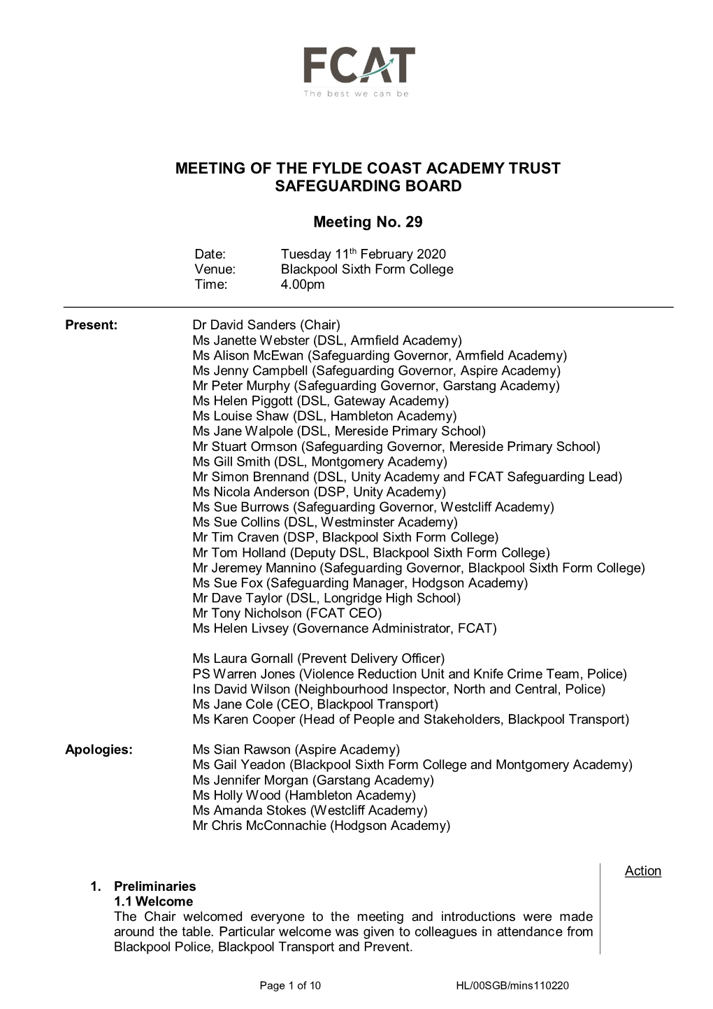 Meeting of the Fylde Coast Academy Trust Safeguarding Board