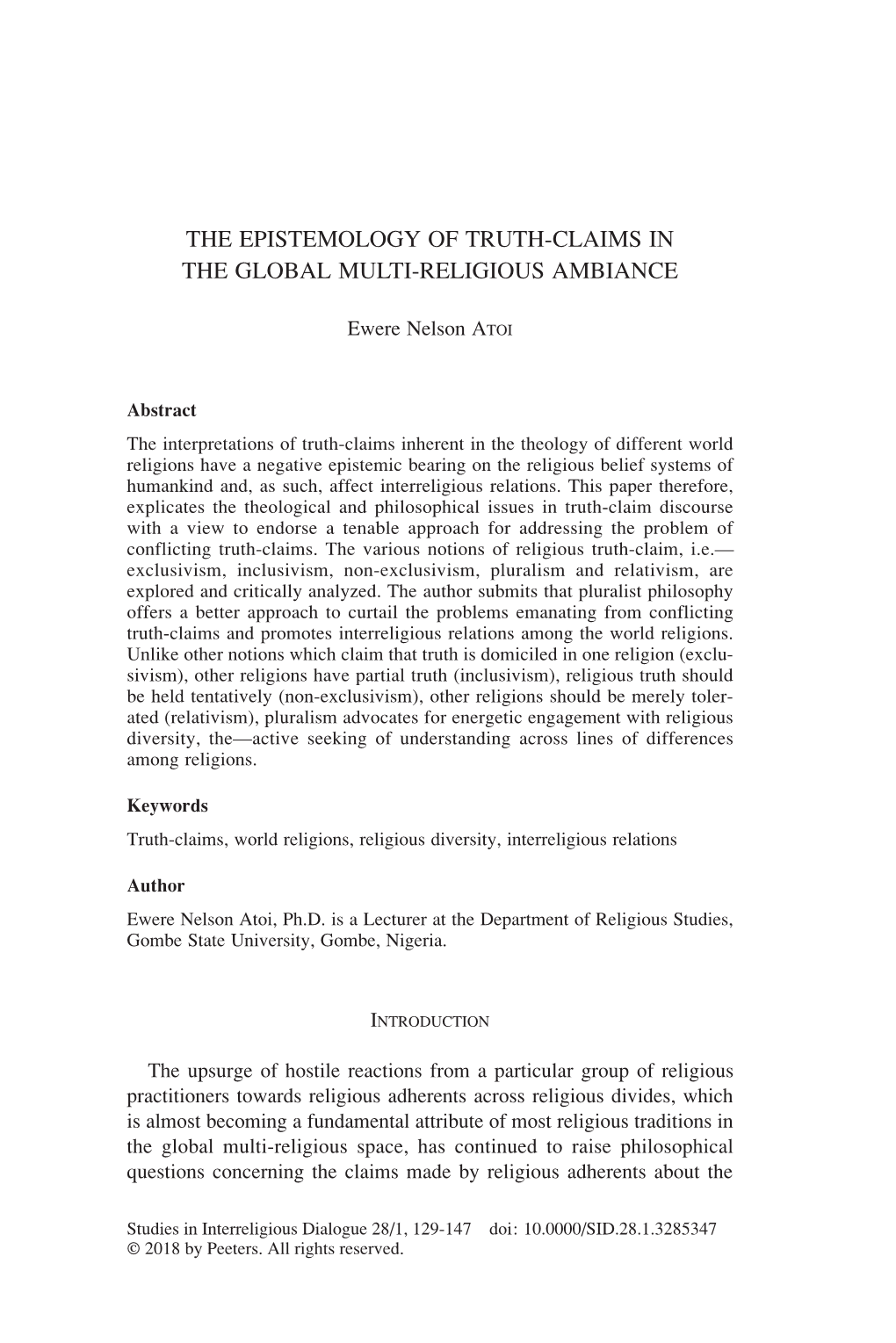 The Epistemology of Truth-Claims in the Global Multi-Religious Ambiance