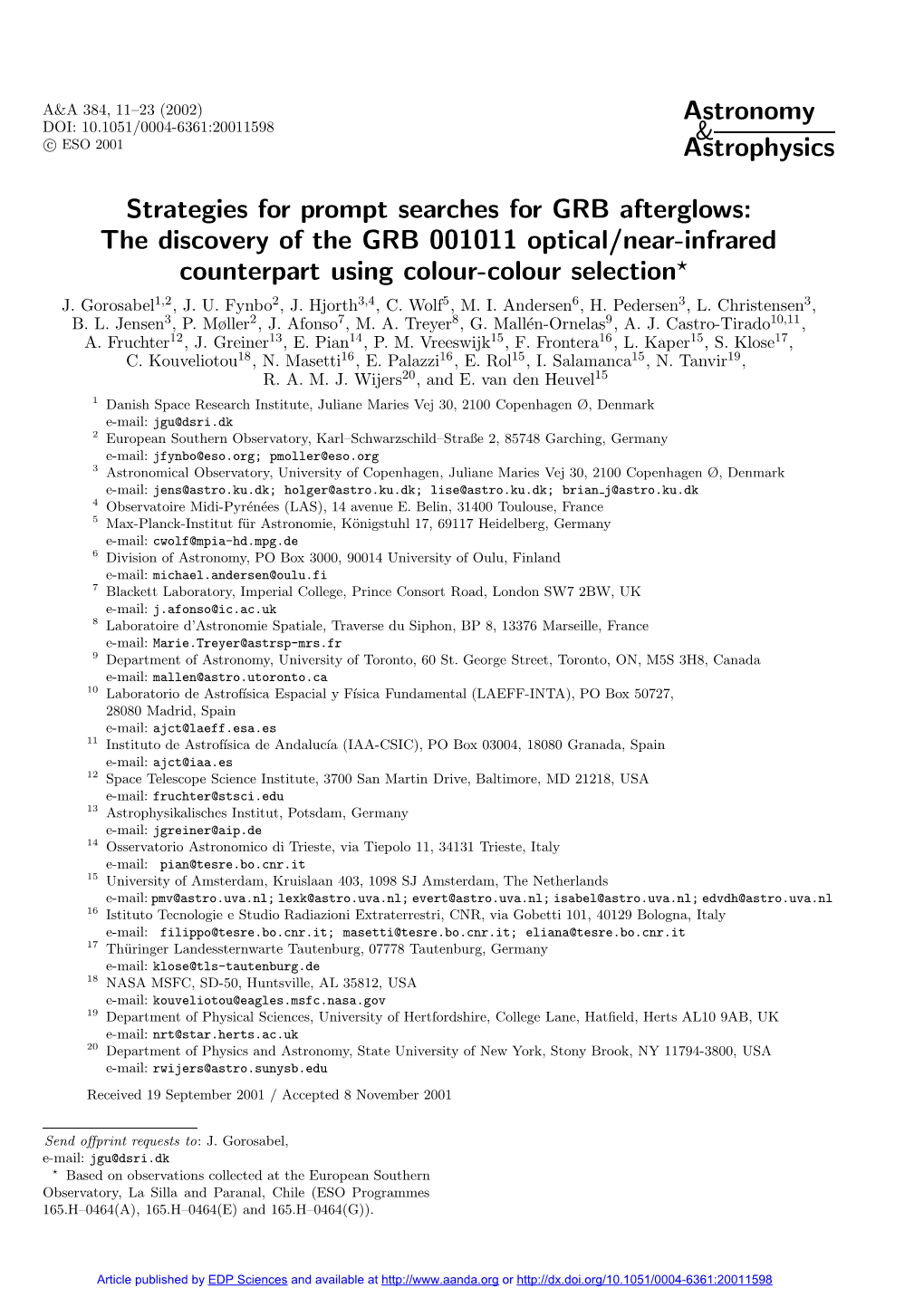 The Discovery of the GRB 001011 Optical/Near-Infrared Counterpart Using Colour-Colour Selection? J