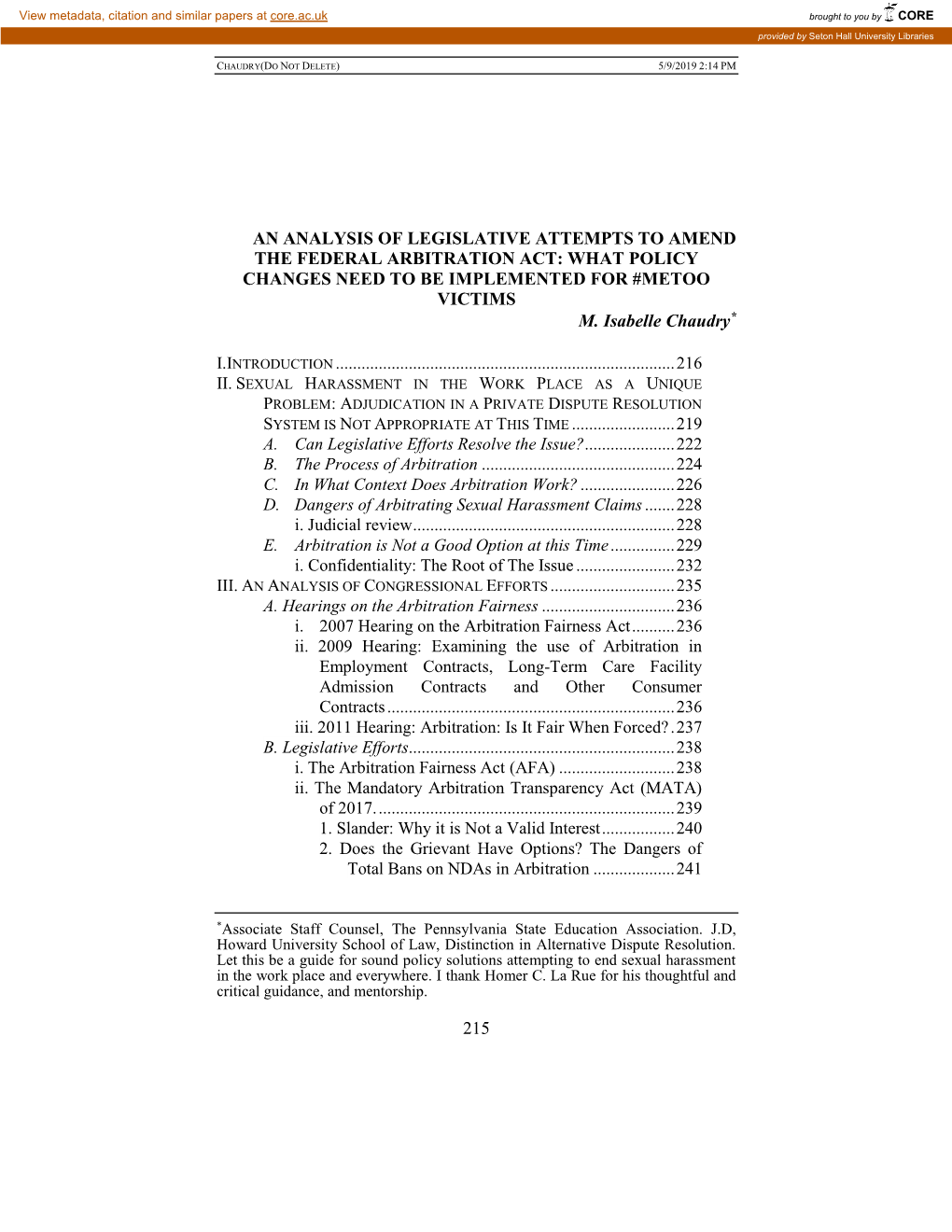 An Analysis of Legislative Attempts to Amend the Federal Arbitration Act: What Policy Changes Need to Be Implemented for #Metoo Victims M