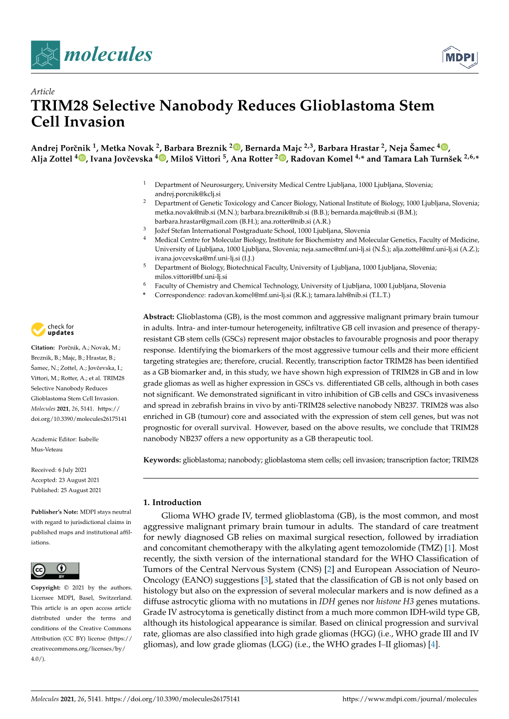 TRIM28 Selective Nanobody Reduces Glioblastoma Stem Cell Invasion