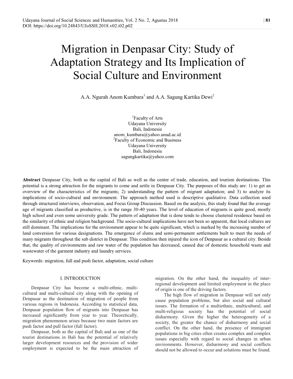 Migration in Denpasar City: Study of Adaptation Strategy and Its Implication of Social Culture and Environment