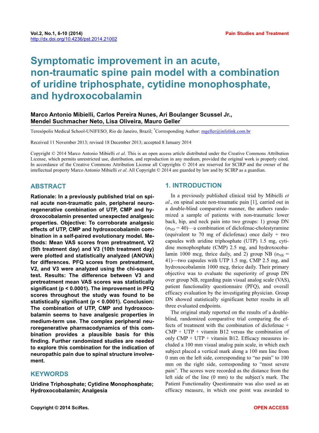 Symptomatic Improvement in an Acute, Non-Traumatic Spine Pain Model with a Combination of Uridine Triphosphate, Cytidine Monophosphate, and Hydroxocobalamin
