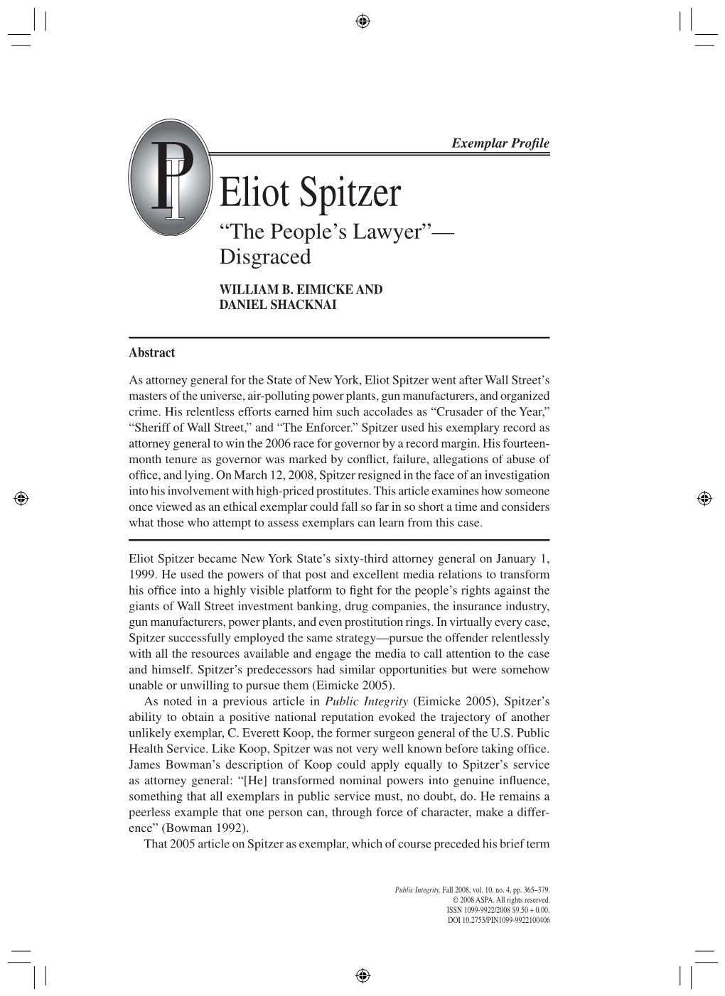 Eliot Spitzer “The People’S Lawyer”— Disgraced