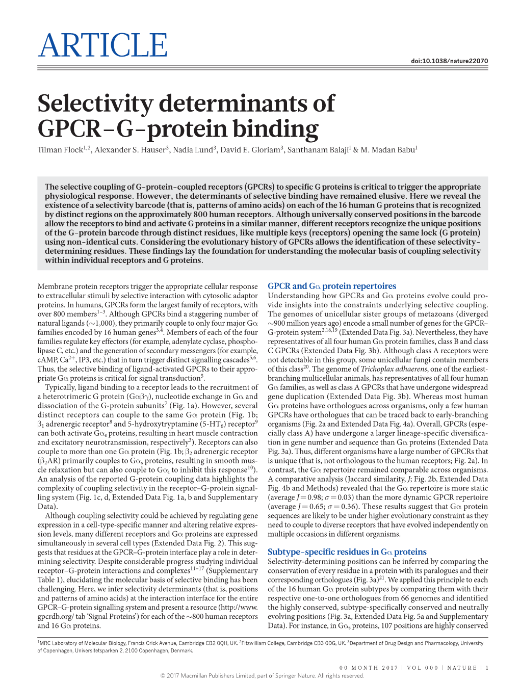 Selectivity Determinants of GPCR–G-Protein Binding Tilman Flock1,2, Alexander S