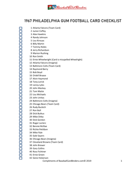 1967 Philadelphia Gum Football Card Checklist