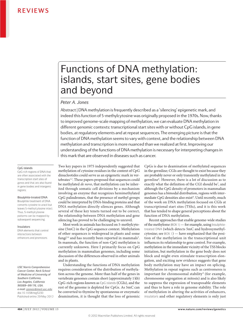 Functions of DNA Methylation: Islands, Start Sites, Gene Bodies and Beyond