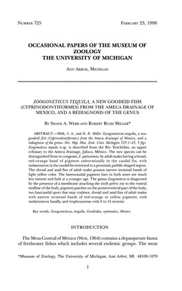 Occasional Papers of the Museum of Zoology the University of Michigan