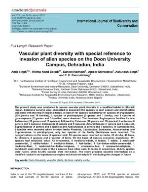 Vascular Plant Diversity with Special Reference to Invasion of Alien Species on the Doon University Campus, Dehradun, India
