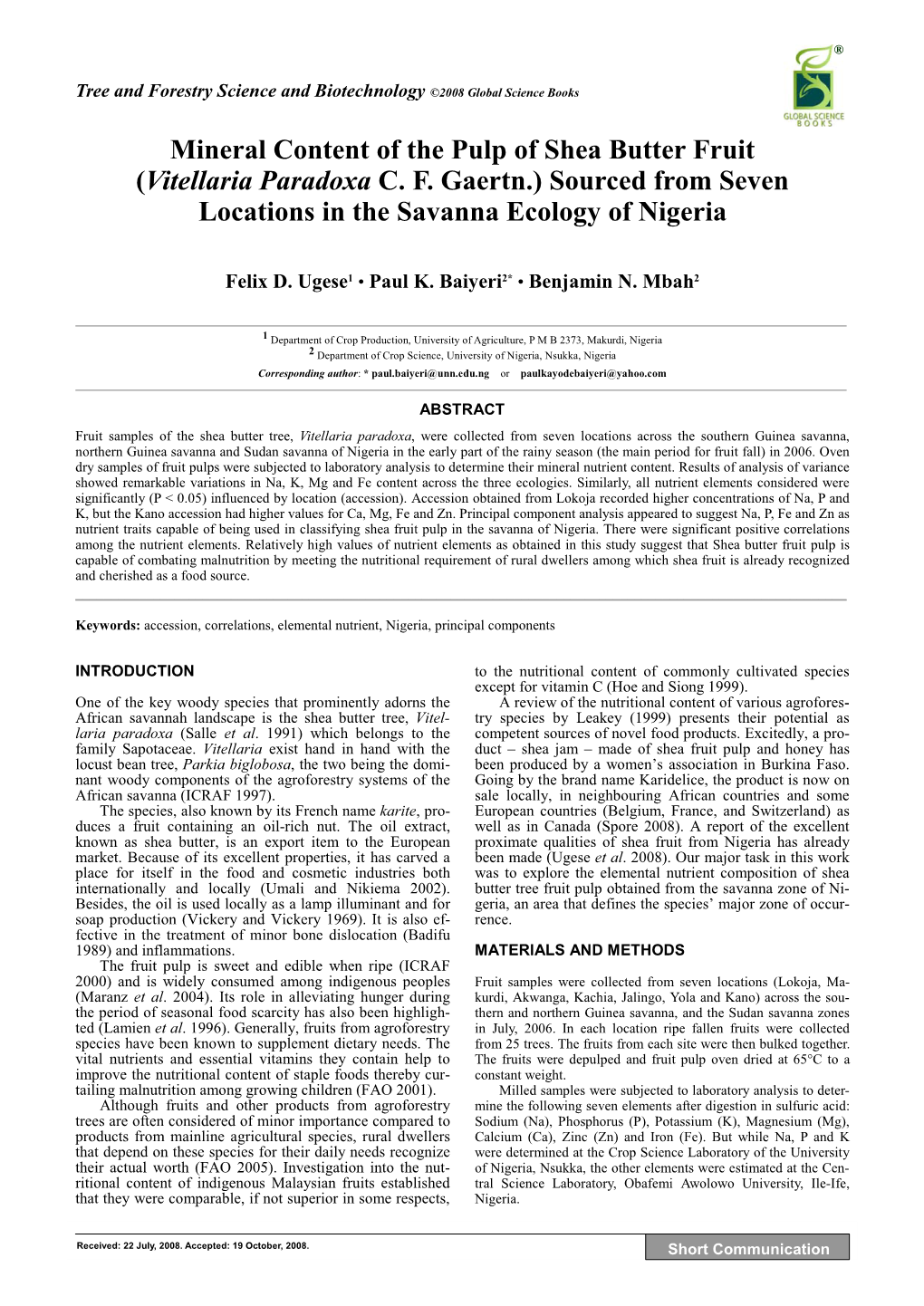 Mineral Content of the Pulp of Shea Butter Fruit (Vitellaria Paradoxa C