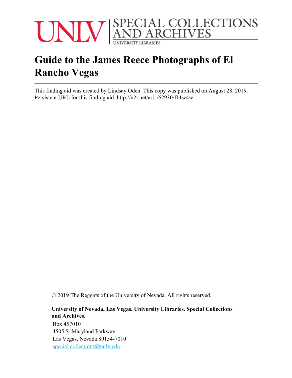 Guide to the James Reece Photographs of El Rancho Vegas