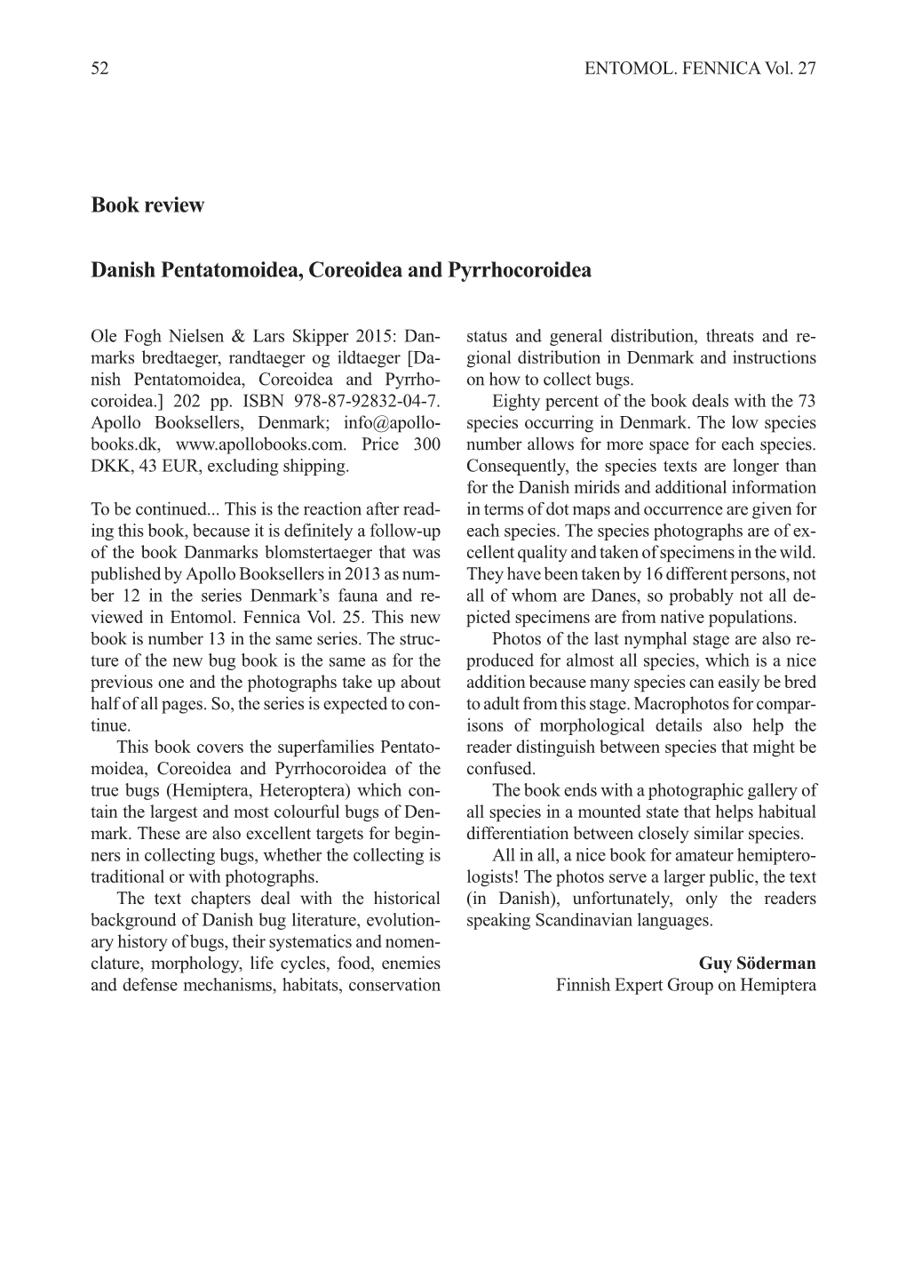 Book Review Danish Pentatomoidea, Coreoidea and Pyrrhocoroidea