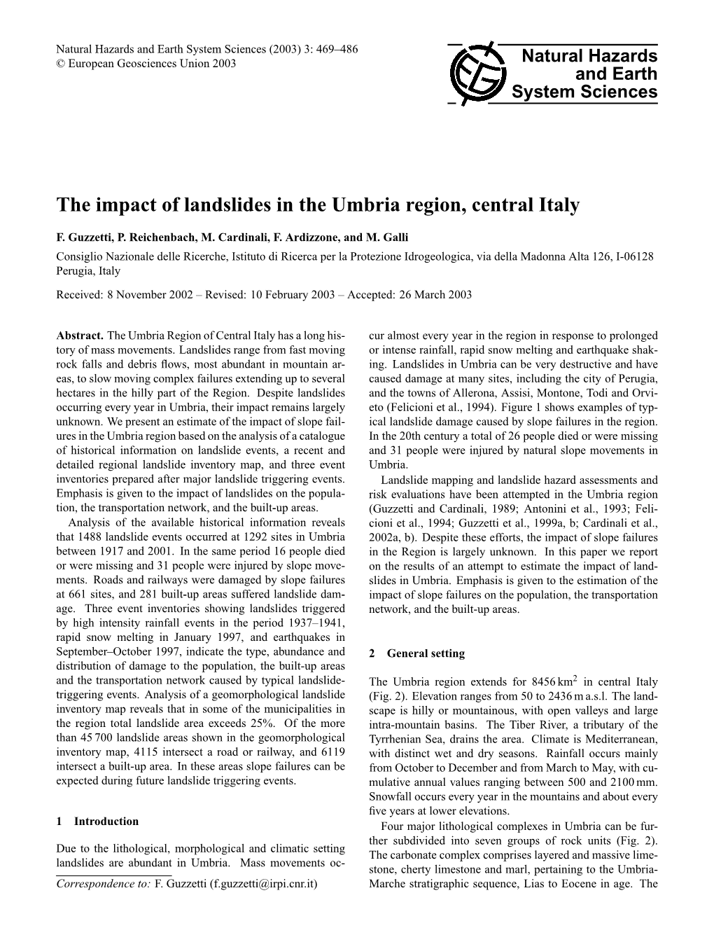 The Impact of Landslides in the Umbria Region, Central Italy