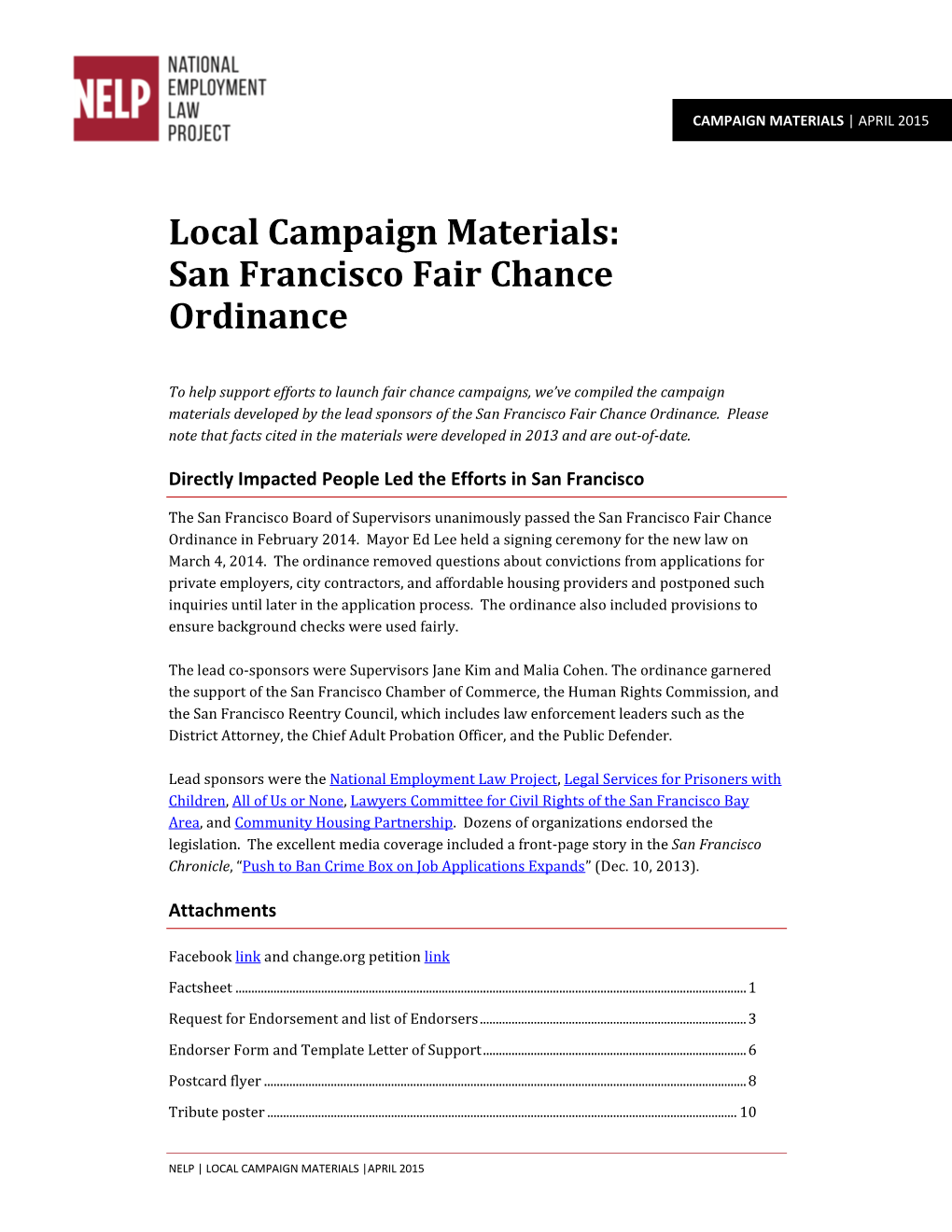 Local Campaign Materials: San Francisco Fair Chance Ordinance