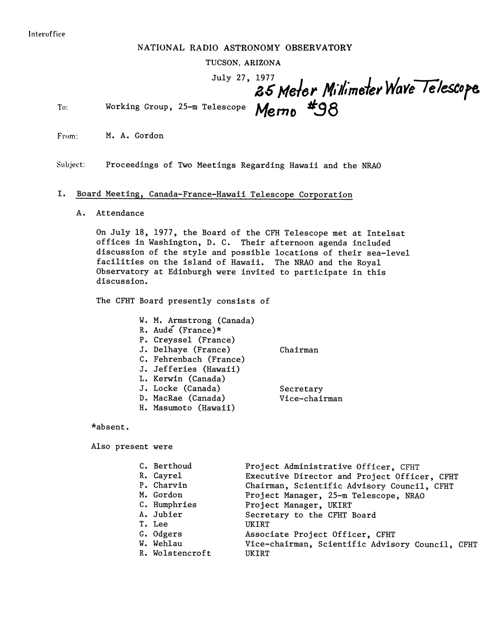 NATIONAL RADIO ASTRONOMY OBSERVATORY TUCSON, ARIZONA July 27, 1977 Z S M Eh R Mii'meler W Aveleles&P