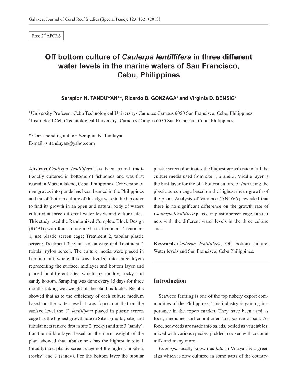 Off Bottom Culture of Caulerpa Lentillifera in Three Different Water Levels in the Marine Waters of San Francisco, Cebu, Philippines