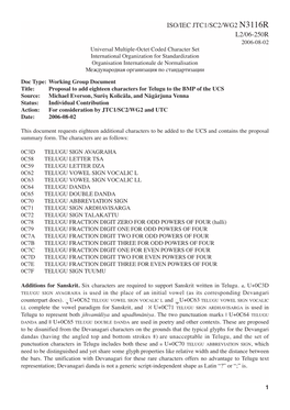 Iso/Iec Jtc1/Sc2/Wg2 N3116r L2/06-250R