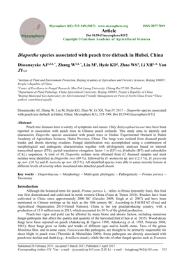 Diaporthe Species Associated with Peach Tree Dieback in Hubei, China