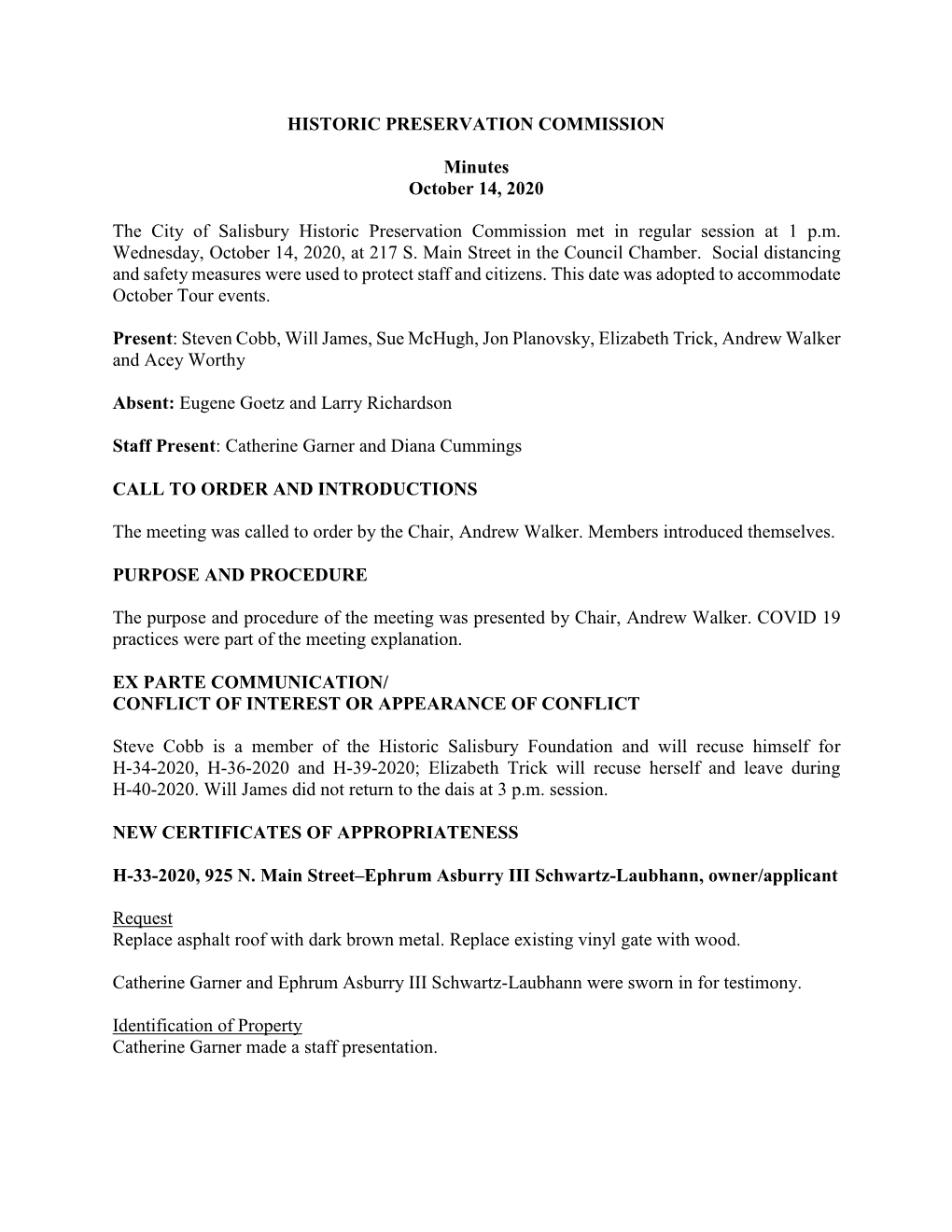 HISTORIC PRESERVATION COMMISSION Minutes October 14, 2020 the City of Salisbury Historic Preservation Commission Met in Regular