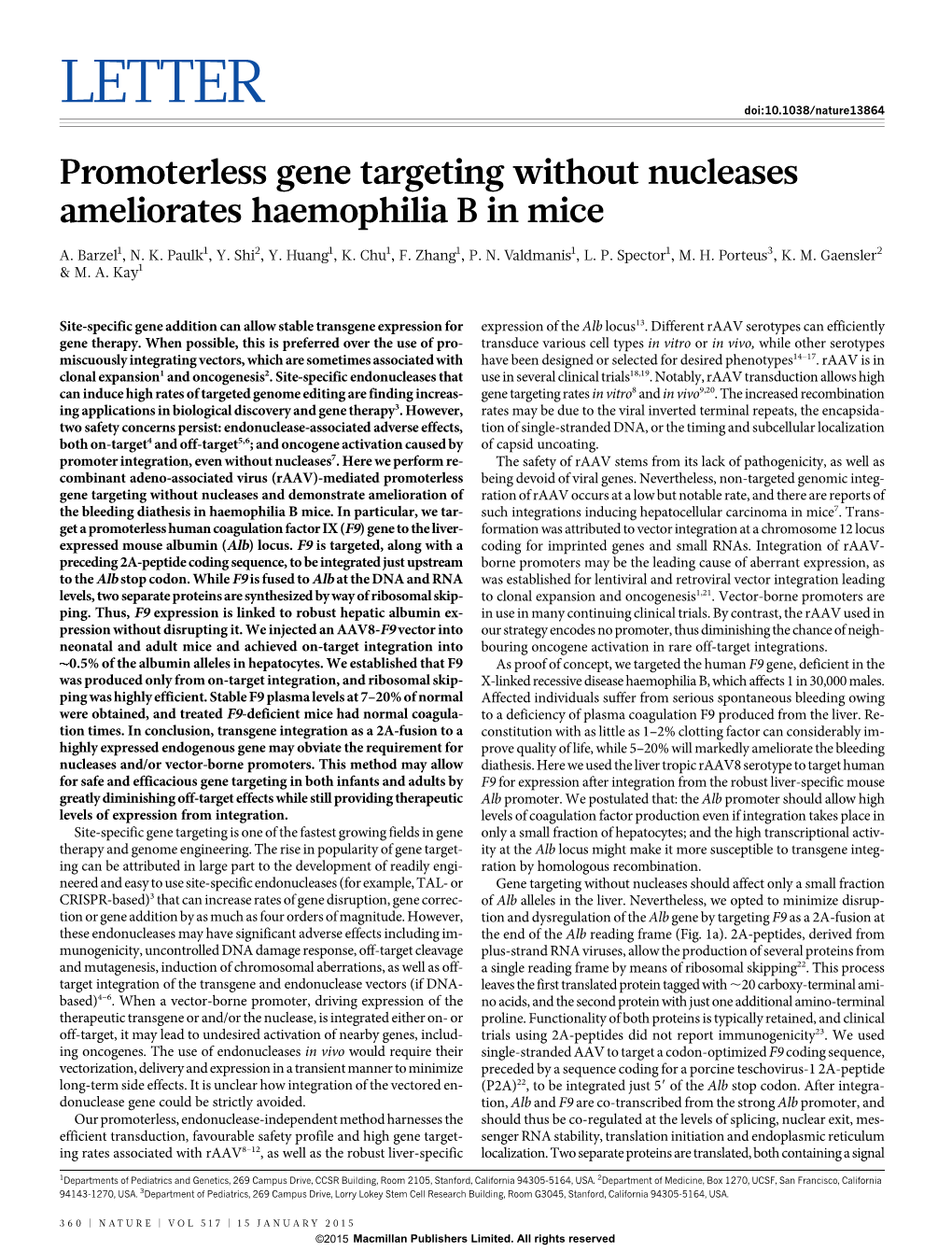 Promoterless Gene Targeting Without Nucleases Ameliorates Haemophilia B in Mice