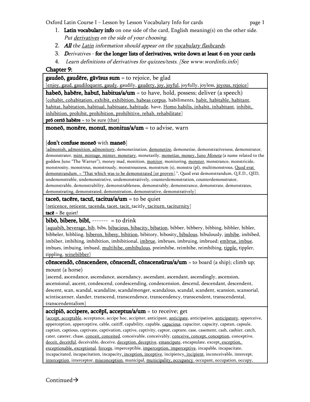 Oxford Latin Course I Lesson by Lesson Vocabulary Info for Cards Page 4