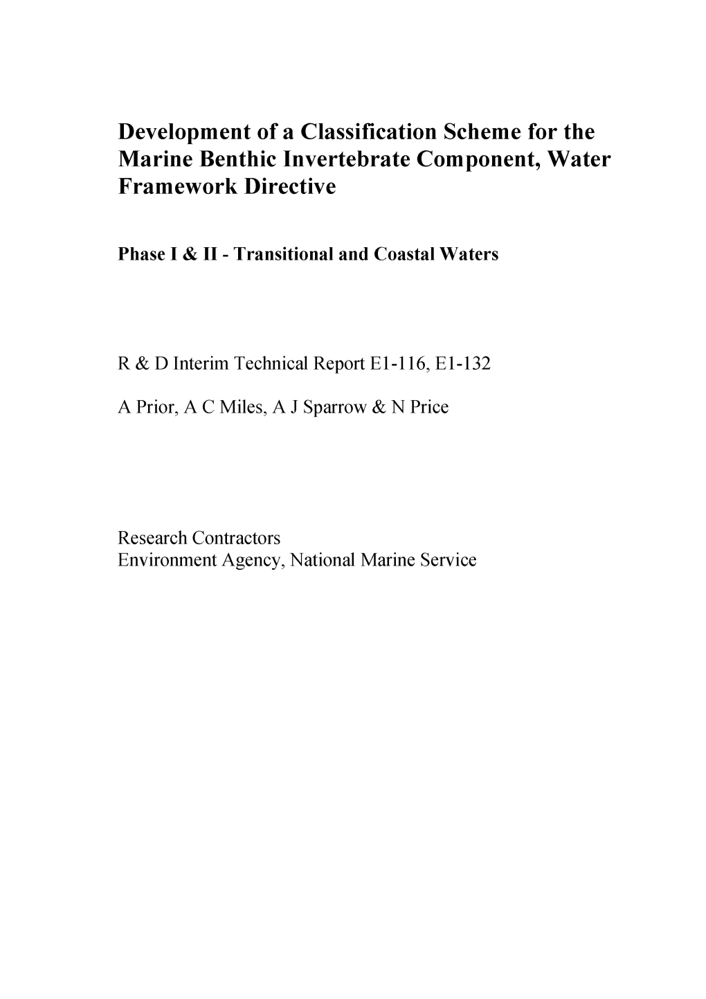Development of a Classification Scheme for the Marine Benthic Invertebrate Component, Water Framework Directive