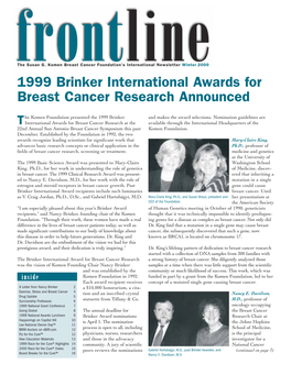 1999 Brinker International Awards for Breast Cancer Research Announced