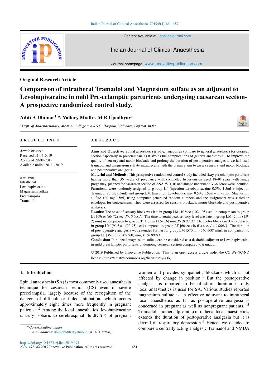 Comparison of Intrathecal Tramadol and Magnesium Sulfate As An