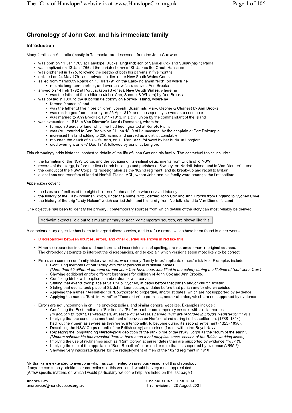 Chronology of John Cox, and His Immediate Family Page 1 of 103