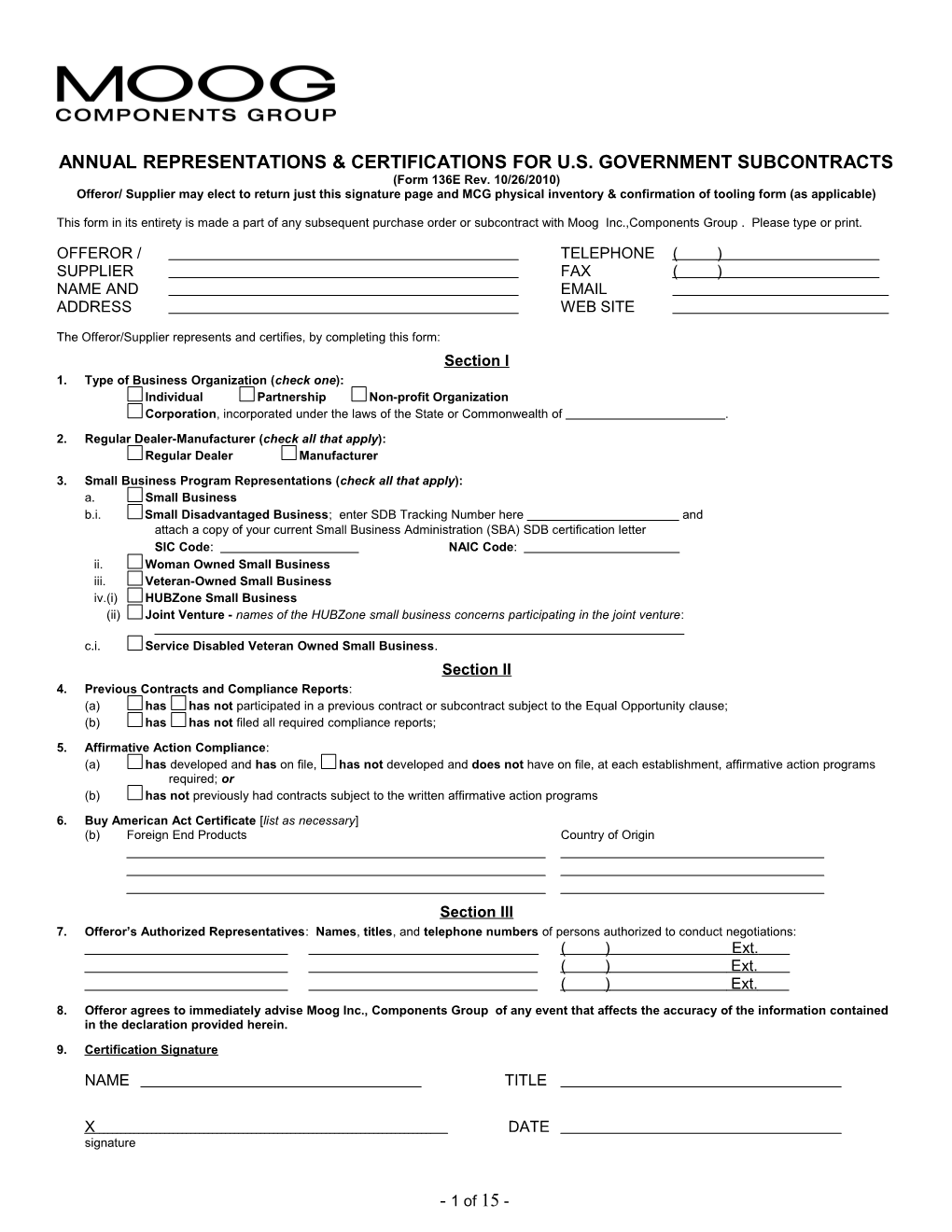 MCG 136 E Annual Representations & Certification Of U.S. Government Subcontracts