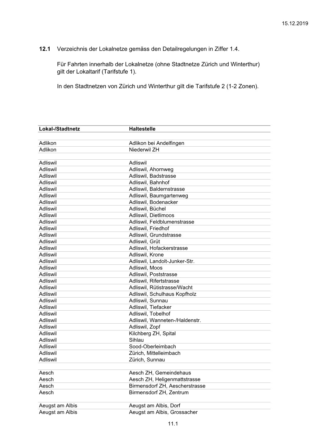 Ohne Stadtnetze Zürich Und Winterthur) Gilt Der Lokaltarif (Tarifstufe 1)