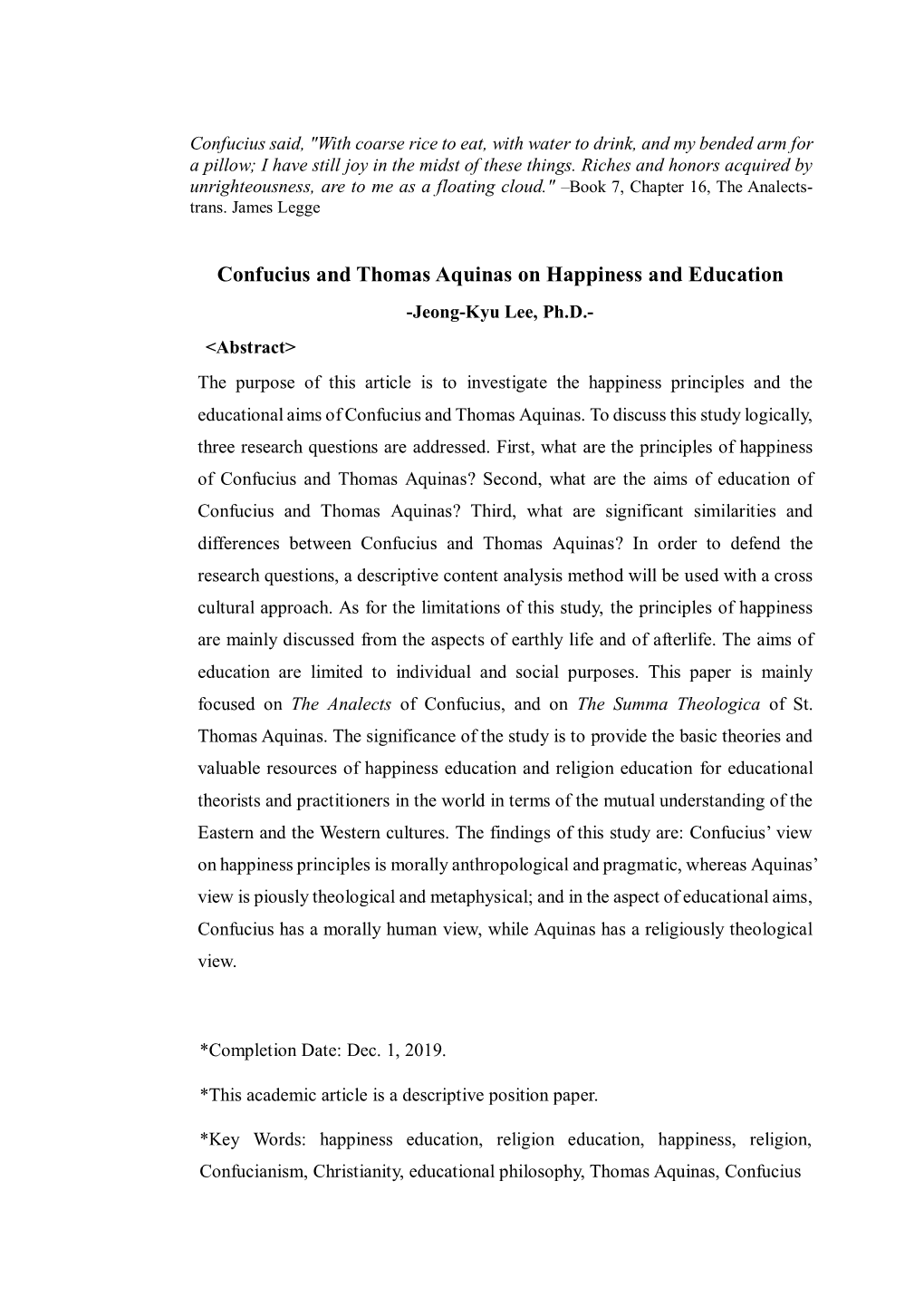 Confucius and Thomas Aquinas on Happiness and Education