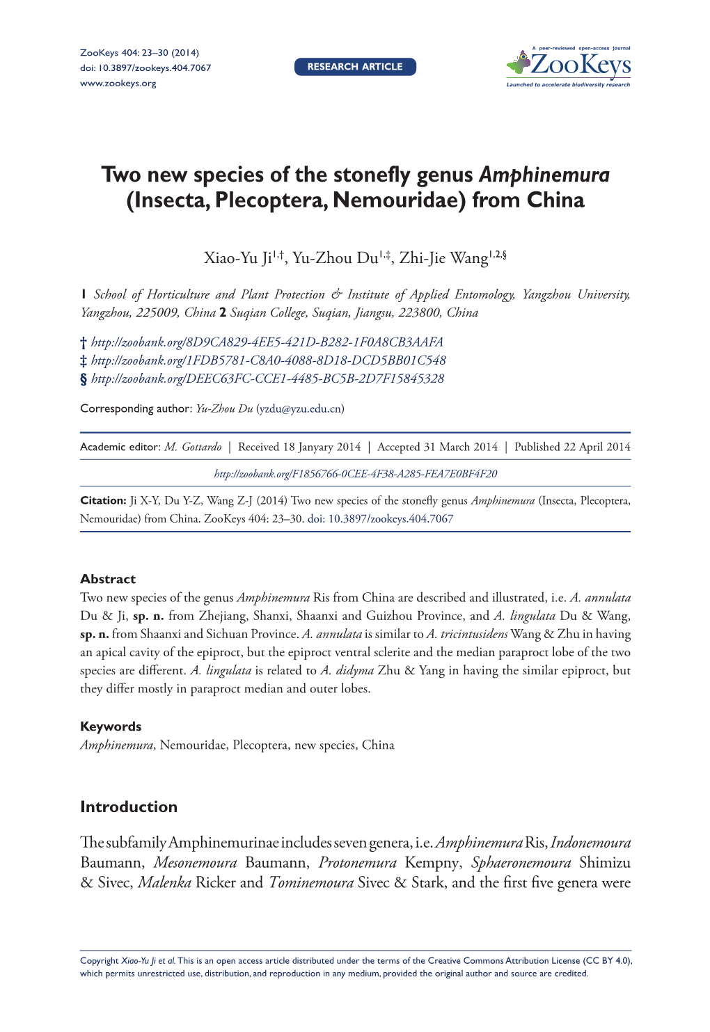 Two New Species of the Stonefly Genus Amphinemura (Insecta, Plecoptera, Nemouridae) from China