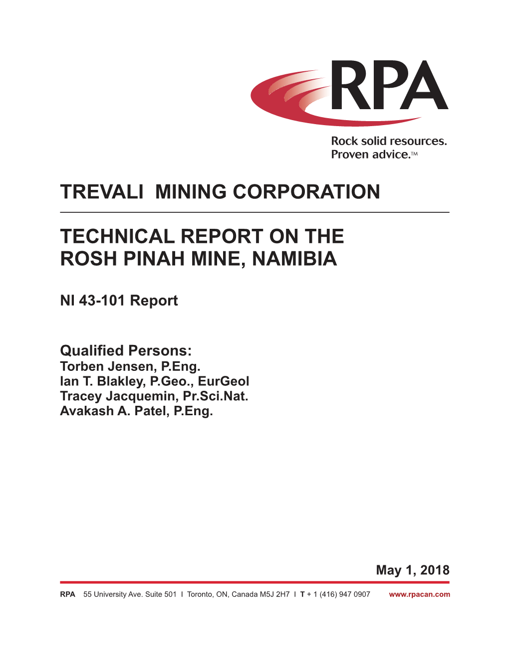 Trevali Mining Corporation Technical Report on the Rosh Pinah Mine