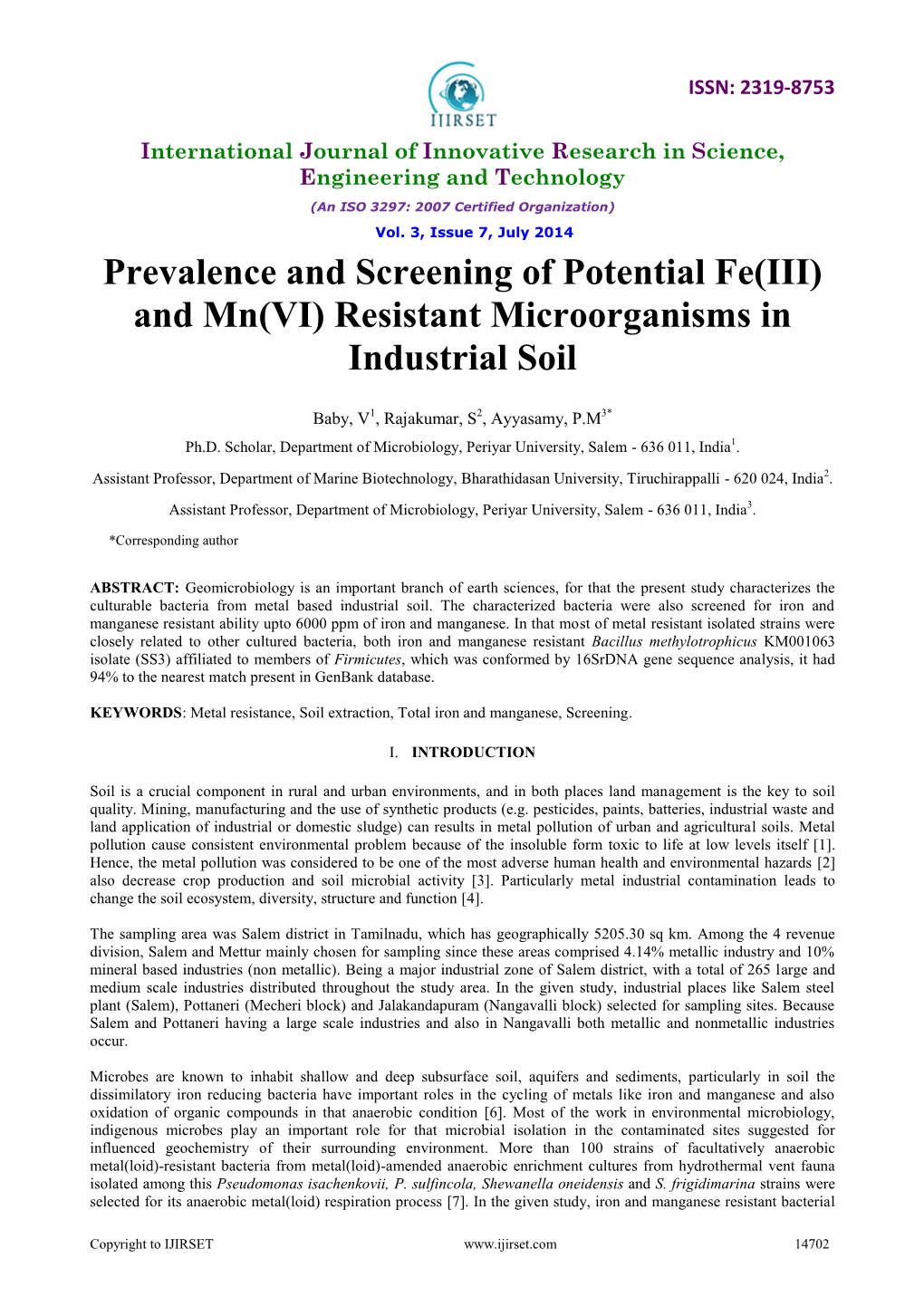 Prevalence and Screening of Potential Fe(III) and Mn(VI) Resistant Microorganisms in Industrial Soil