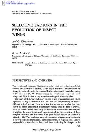 Selective Factors in Evolution of Insect Wings
