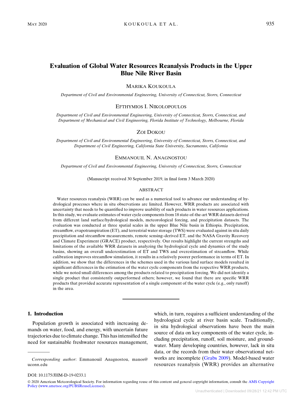 Evaluation of Global Water Resources Reanalysis Products in the Upper Blue Nile River Basin