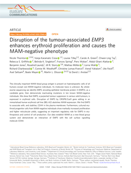 EMP3 Enhances Erythroid Proliferation and Causes the MAM-Negative Phenotype ✉ Nicole Thornton 1,11 , Vanja Karamatic Crew 1,11, Louise Tilley1,11, Carole A