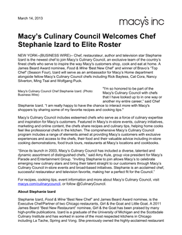 Macy's Culinary Council Welcomes Chef Stephanie Izard to Elite Roster