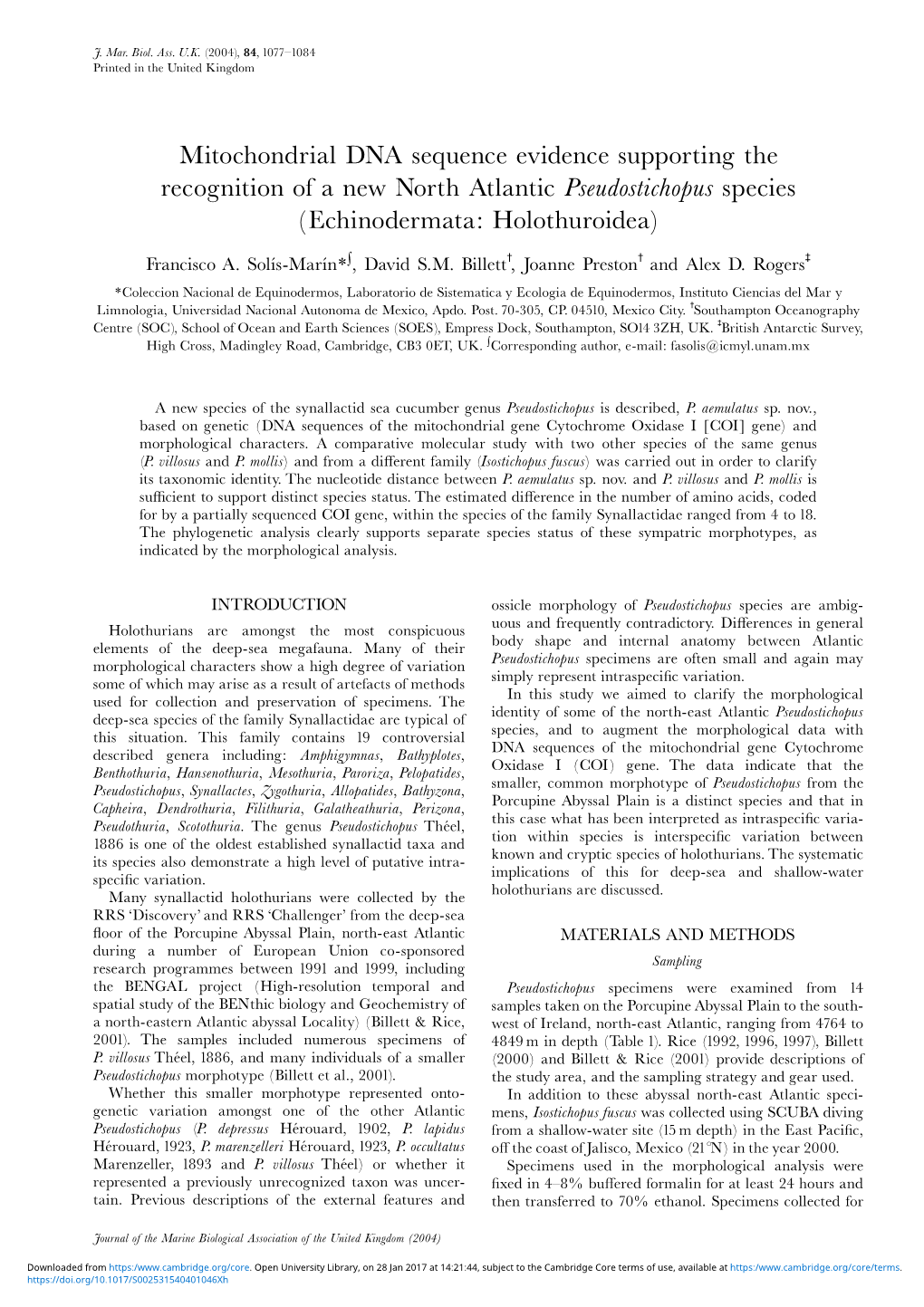 Mitochondrial DNA Sequence Evidence Supporting the Recognition of a New North Atlantic Pseudostichopus Species (Echinodermata: Holothuroidea)