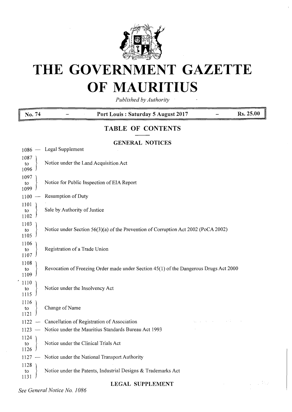 THE GOVERNMENT GAZETTE of MAURITIUS Published by Authority