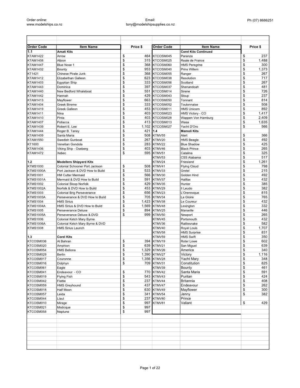 Model Ships Price List February 16 2012