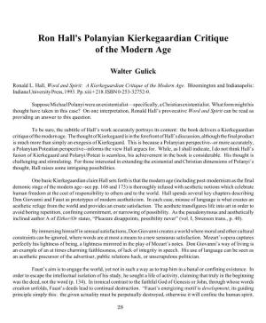 Ron Hall's Polanyian Kierkegaardian Critique of the Modern Age