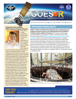 GOES-R Series Program Quarterly Newsletter, July – September 2020